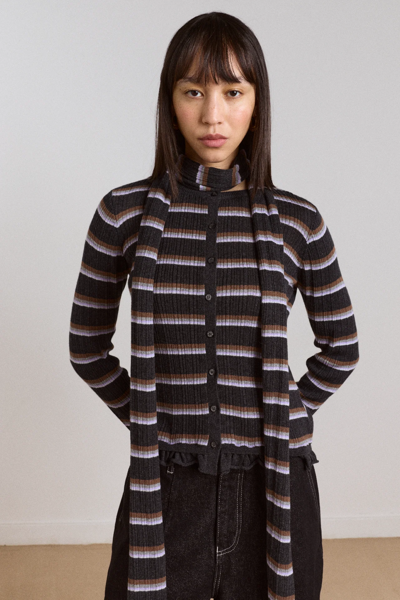 Anelis Cotton Merino Blend Cardigan- Multi Stripe