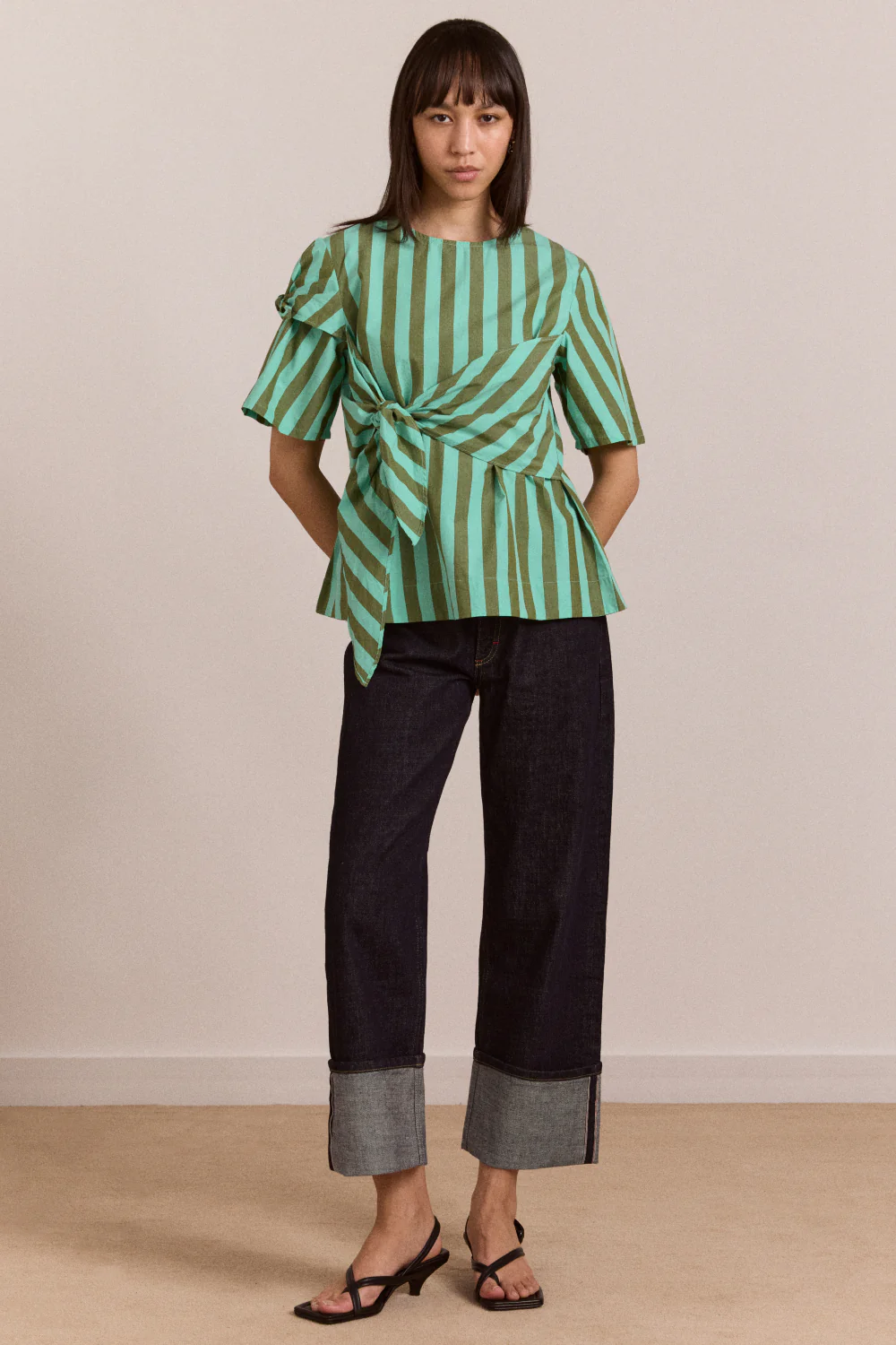 Estelle T-Shirt Blouse - Aqua Olive Stripe