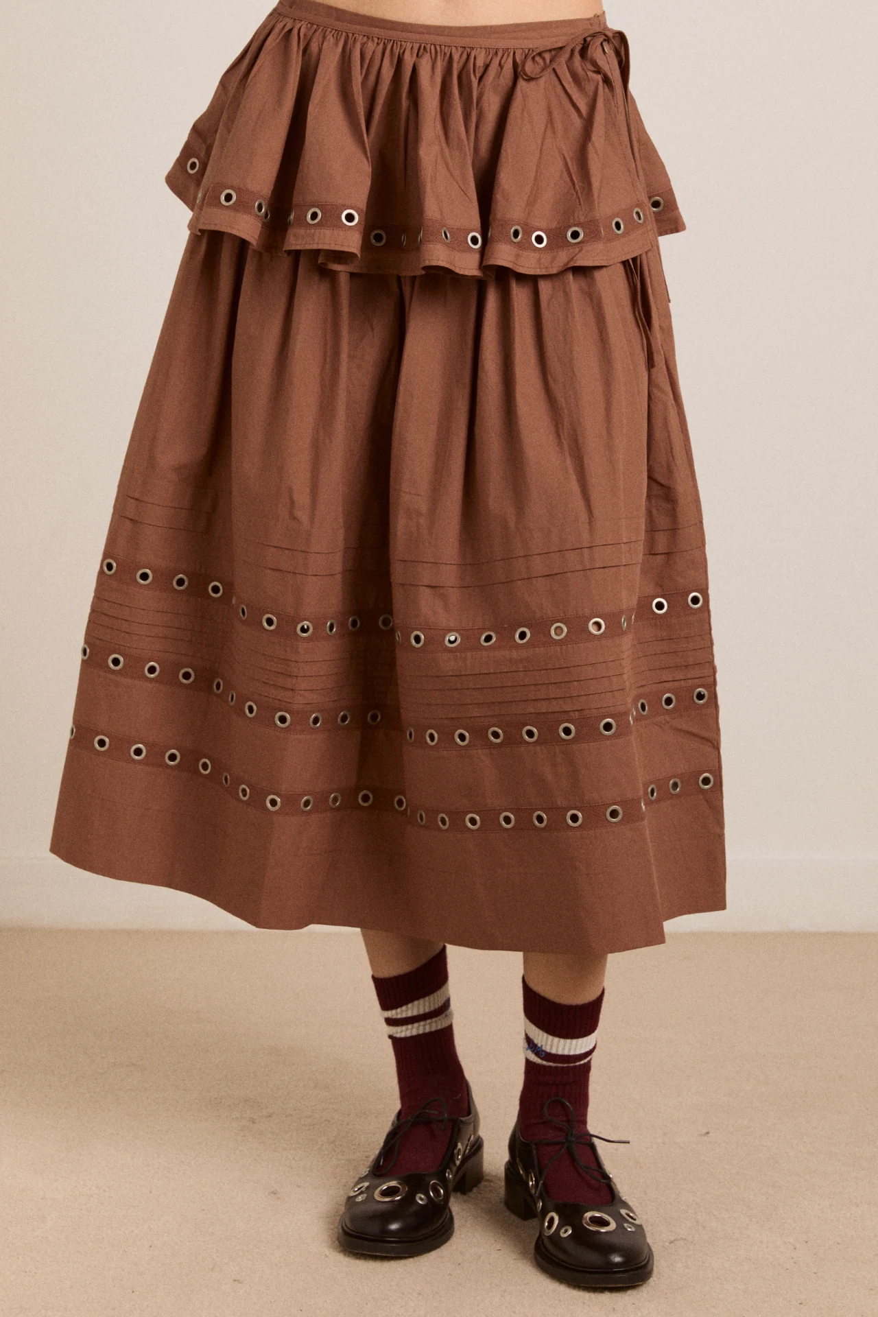 Anika Eyelet Skirt With Ruffle Belt- Tan