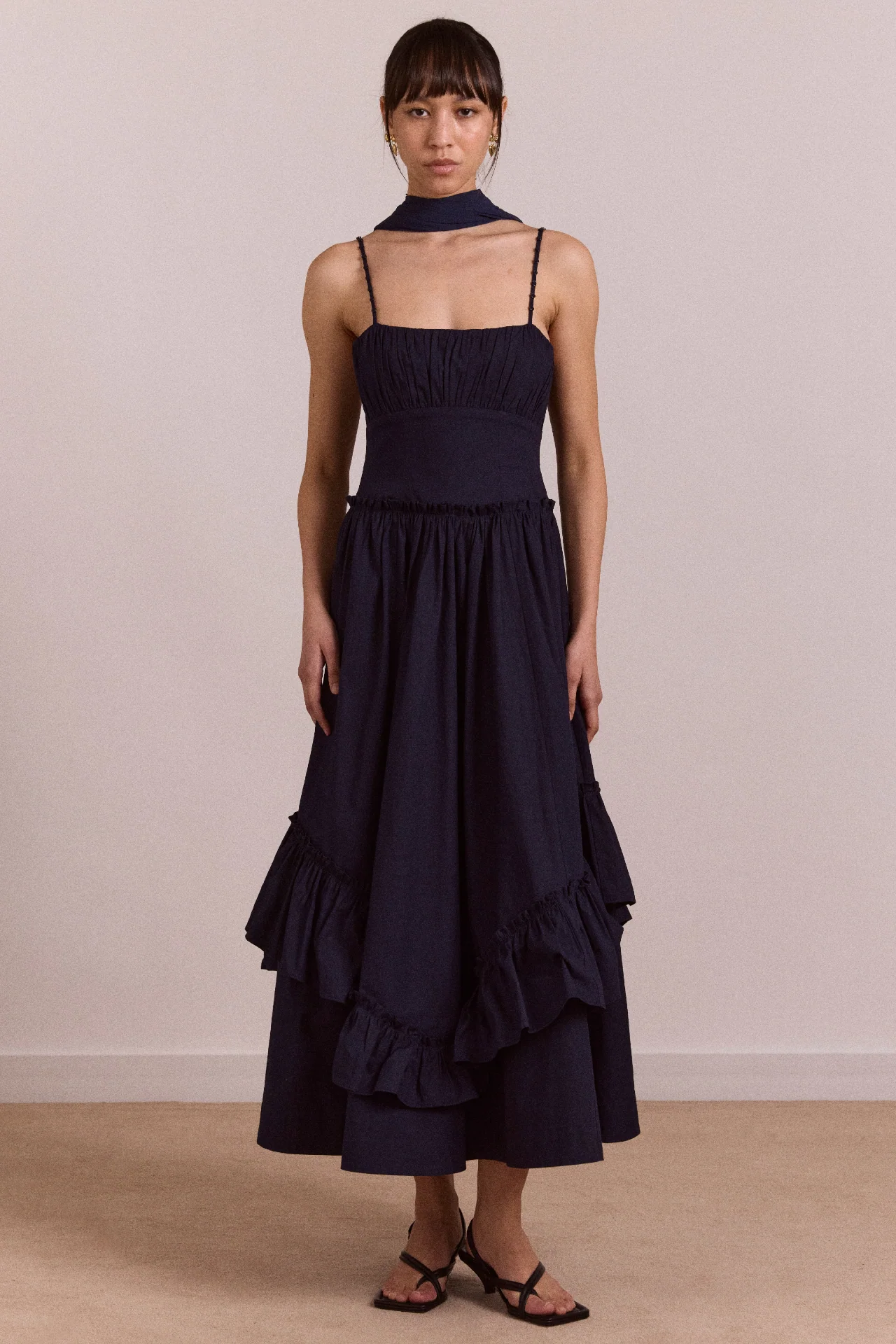 1874-juno-midi-dress-with-sheer-scarf-navy-1.webp Juno Midi Dress With Sheer Scarf- Navy