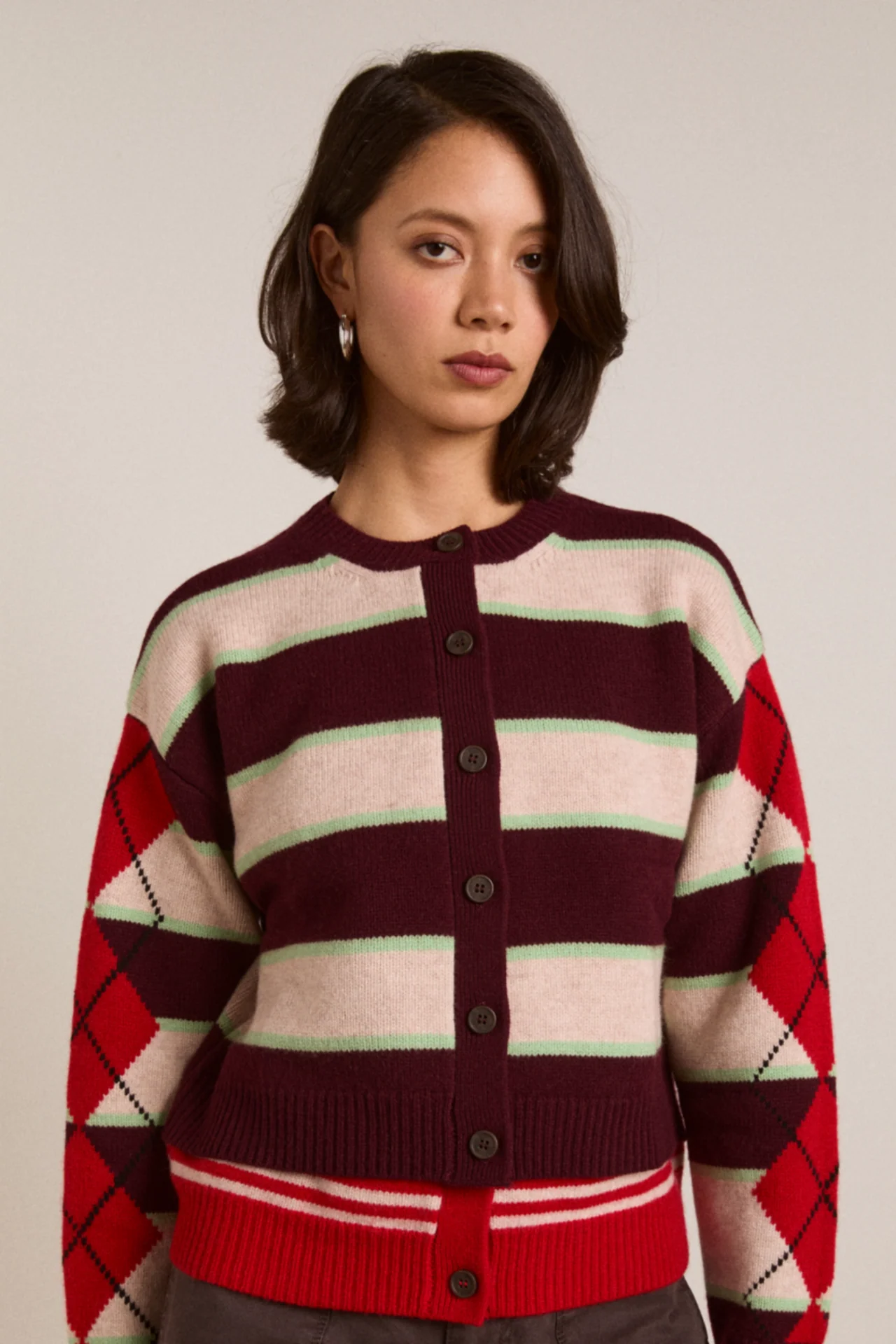Didi Merino Wool Double Cardigan - Burg Argyle & Stripe