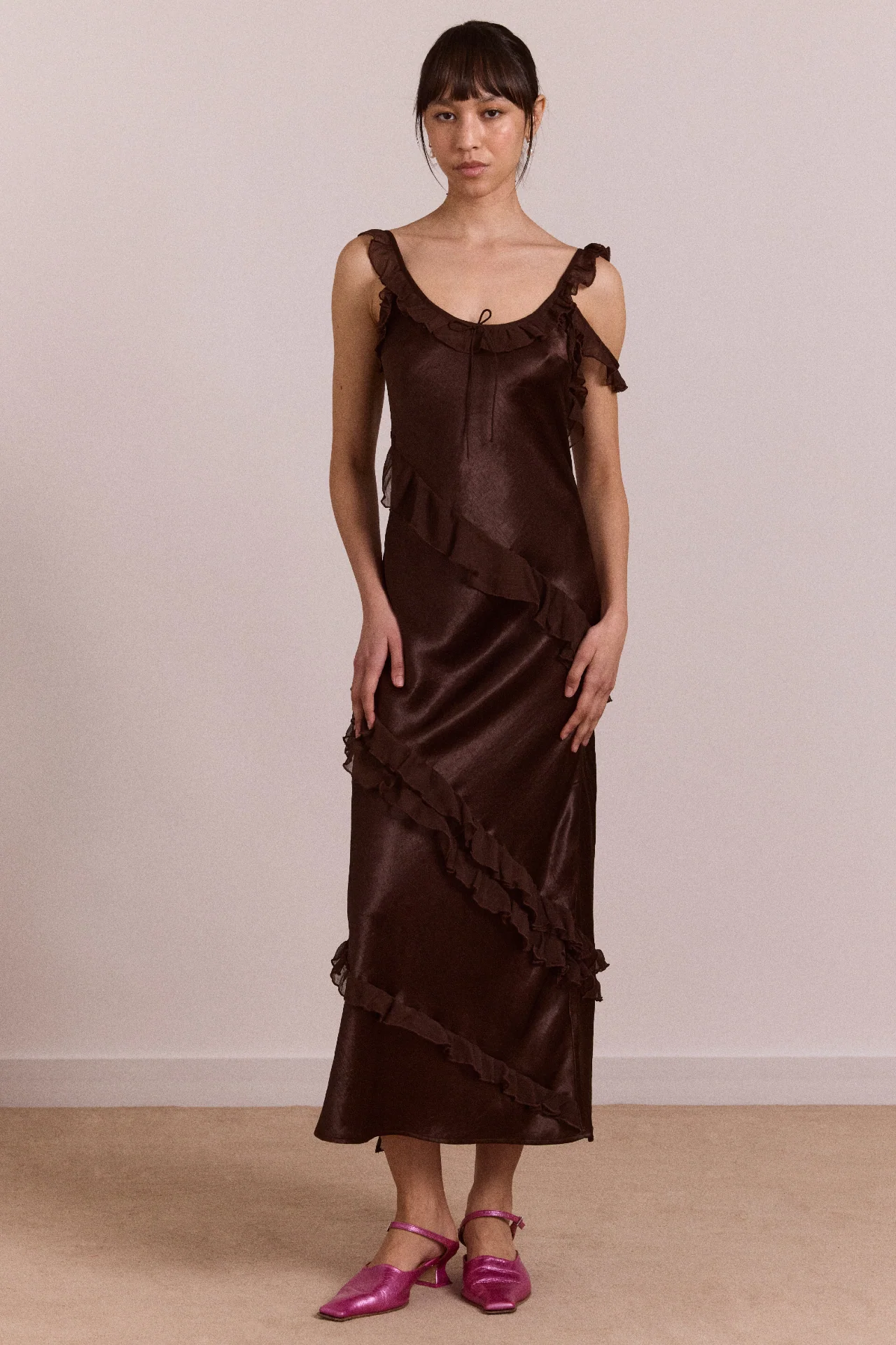 2197-carmen-midi-ruffle-dress-with-sheer-top-choc-1.webp Carmen Midi Ruffle Dress With Sheer Top - Choc