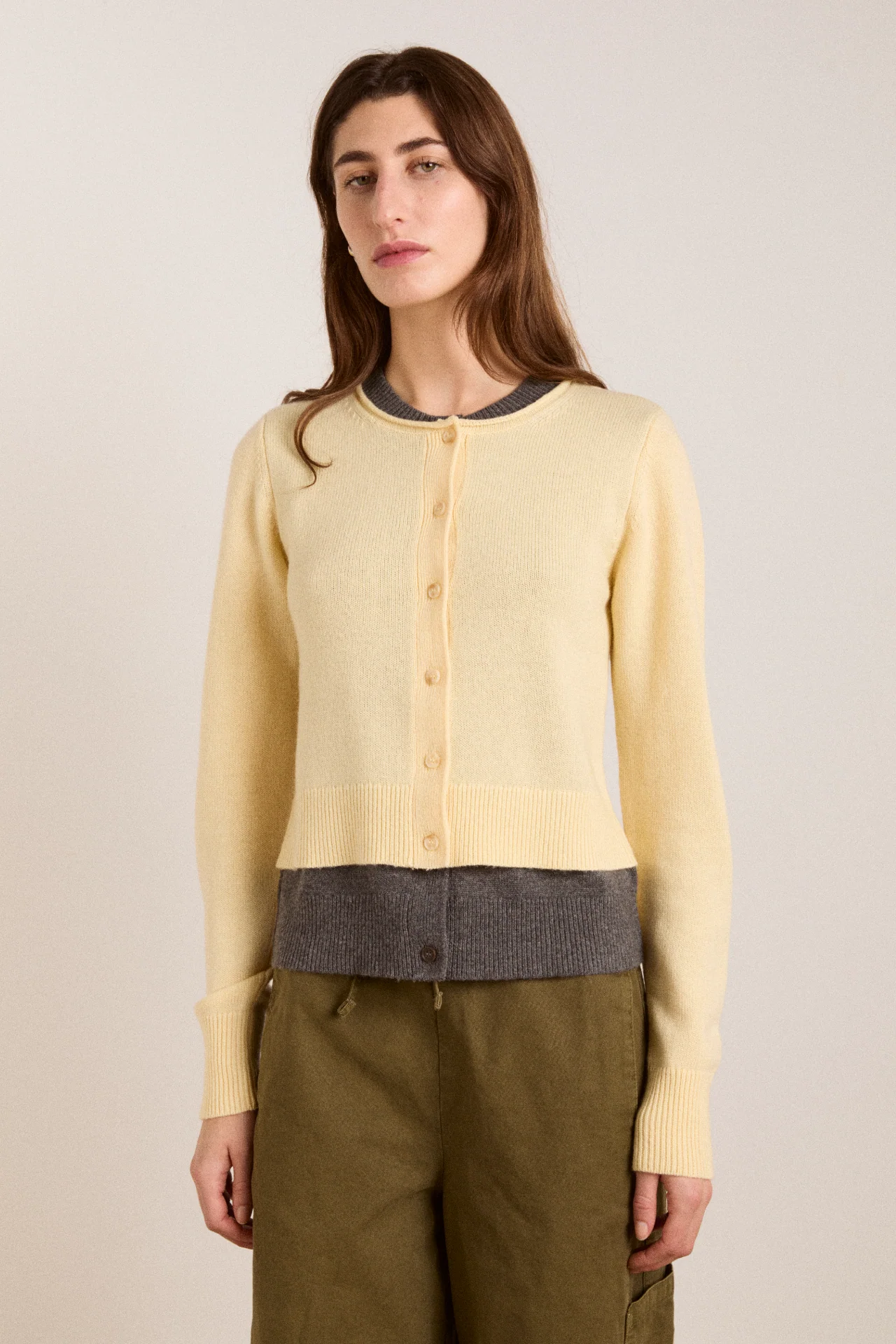 Callie Layer Wool And Cashmere Blend Cardigan - Butter/Grey
