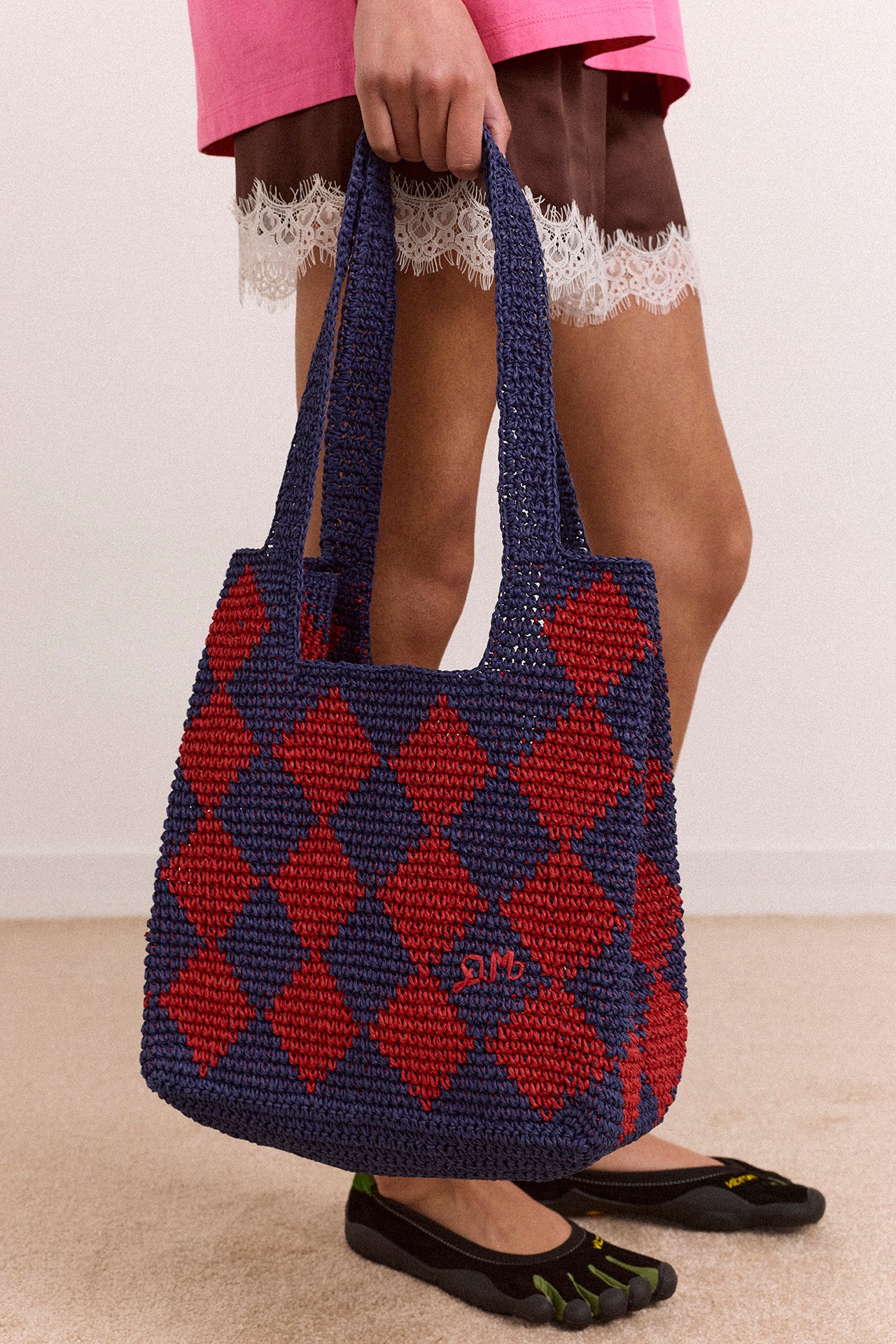 Harlequinn Raffia Tote Bag - Navy & Red