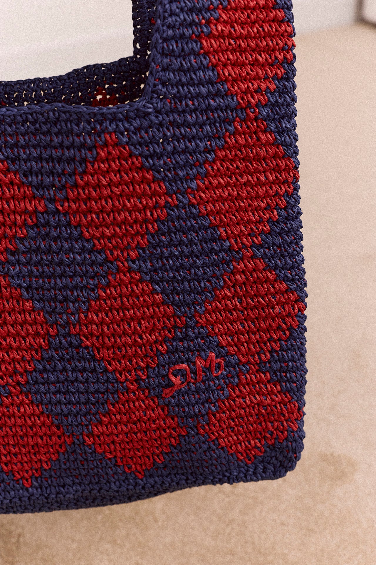Harlequinn Raffia Tote Bag - Navy & Red