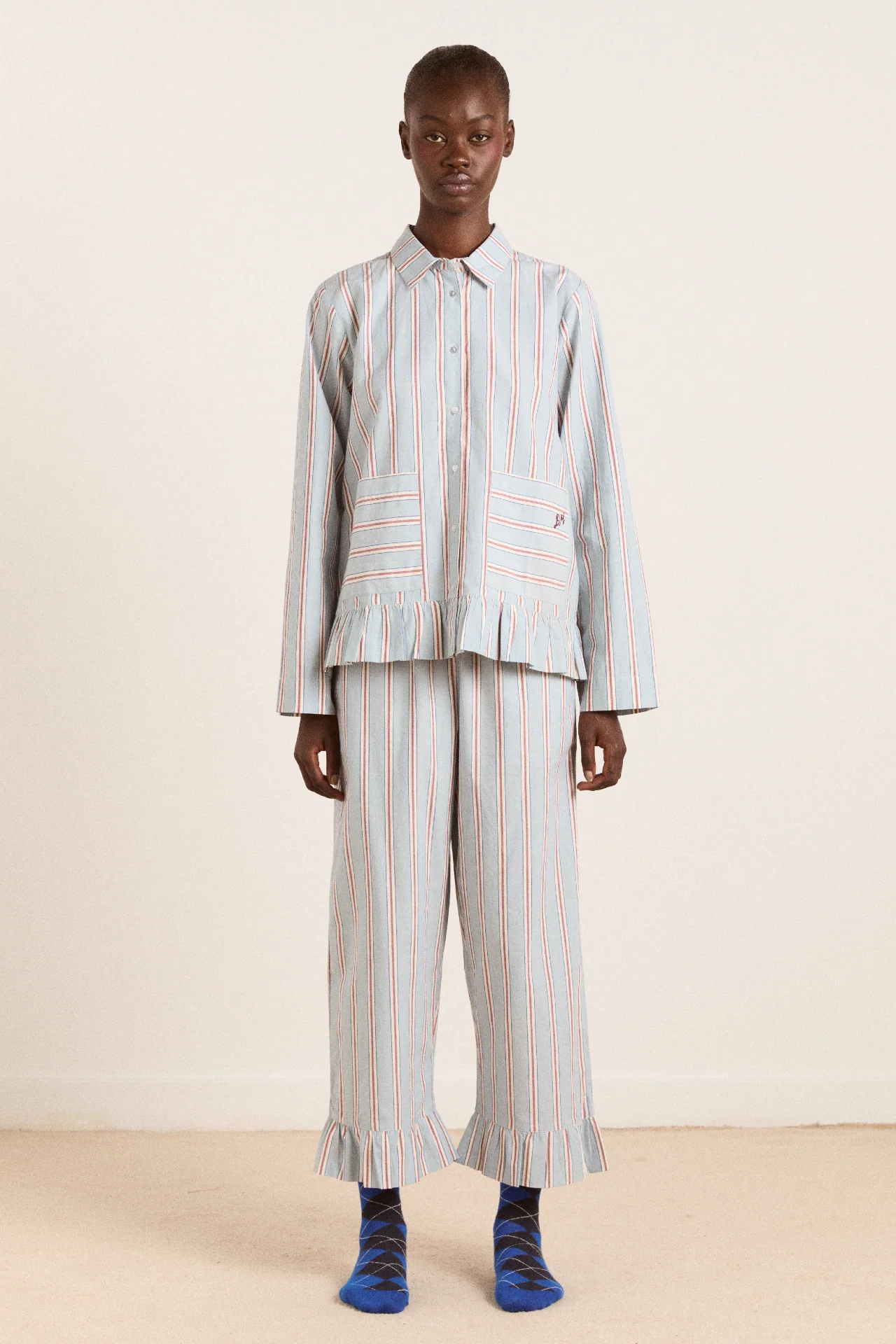 Frill Florie Pj Set - Blue/Burg Stripe