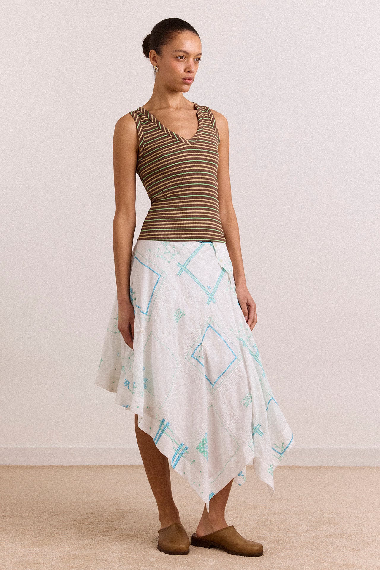 Corinne Hanky Hem Midi Skirt - White/Blue Embroidery