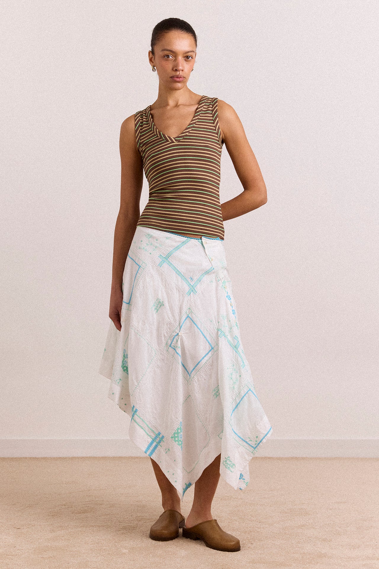 Corinne Hanky Hem Midi Skirt - White/Blue Embroidery