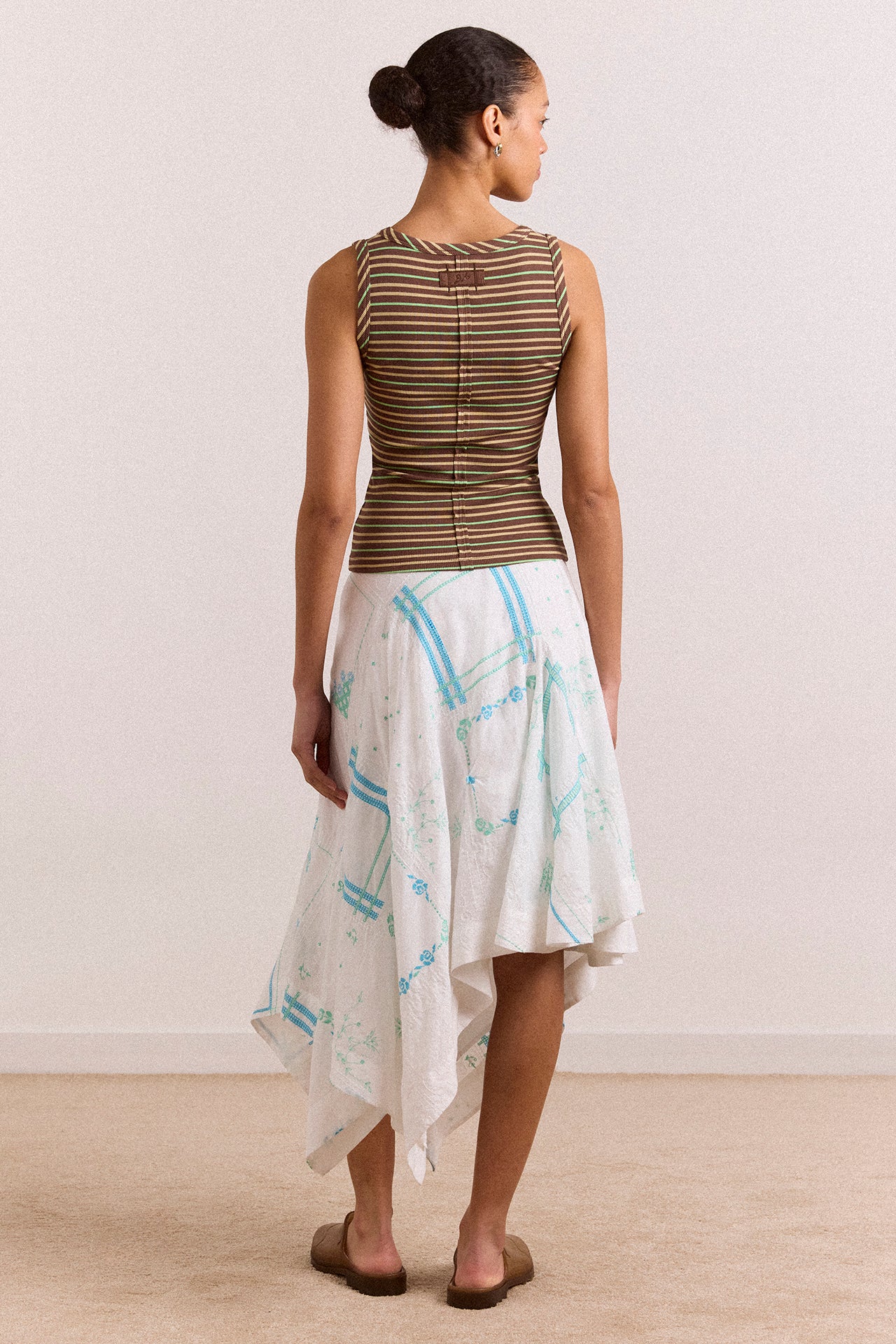 Corinne Hanky Hem Midi Skirt - White/Blue Embroidery