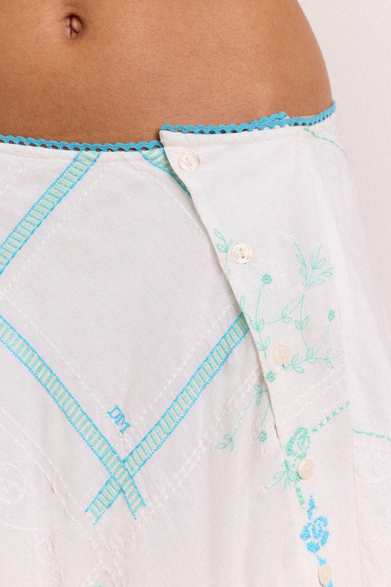 Corinne Hanky Hem Midi Skirt - White/Blue Embroidery