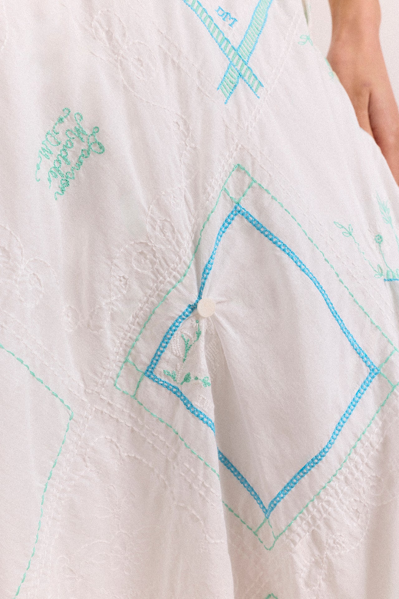 Corinne Hanky Hem Midi Skirt - White/Blue Embroidery