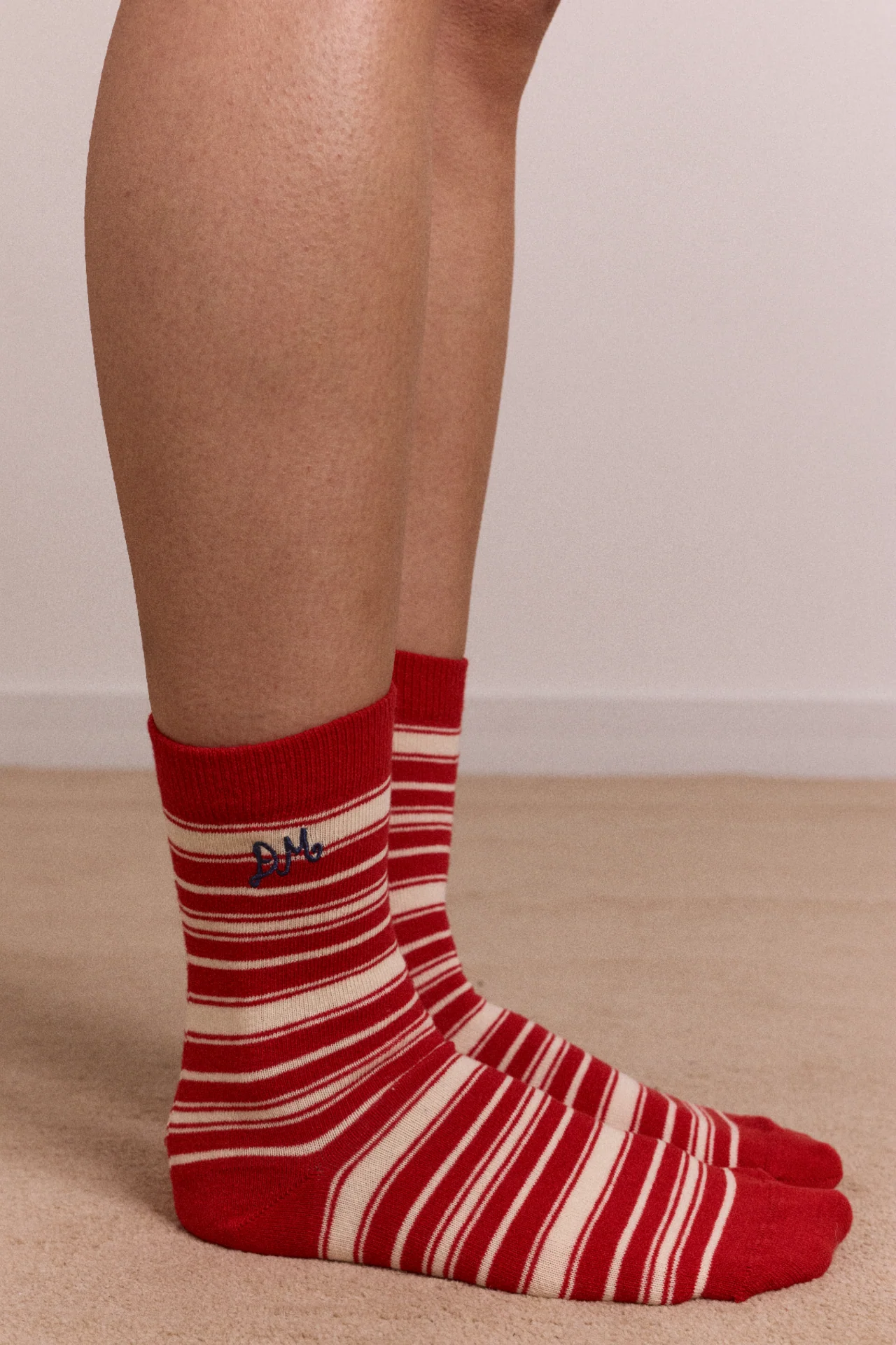Calf Length Socks - Cream & Red Stripe