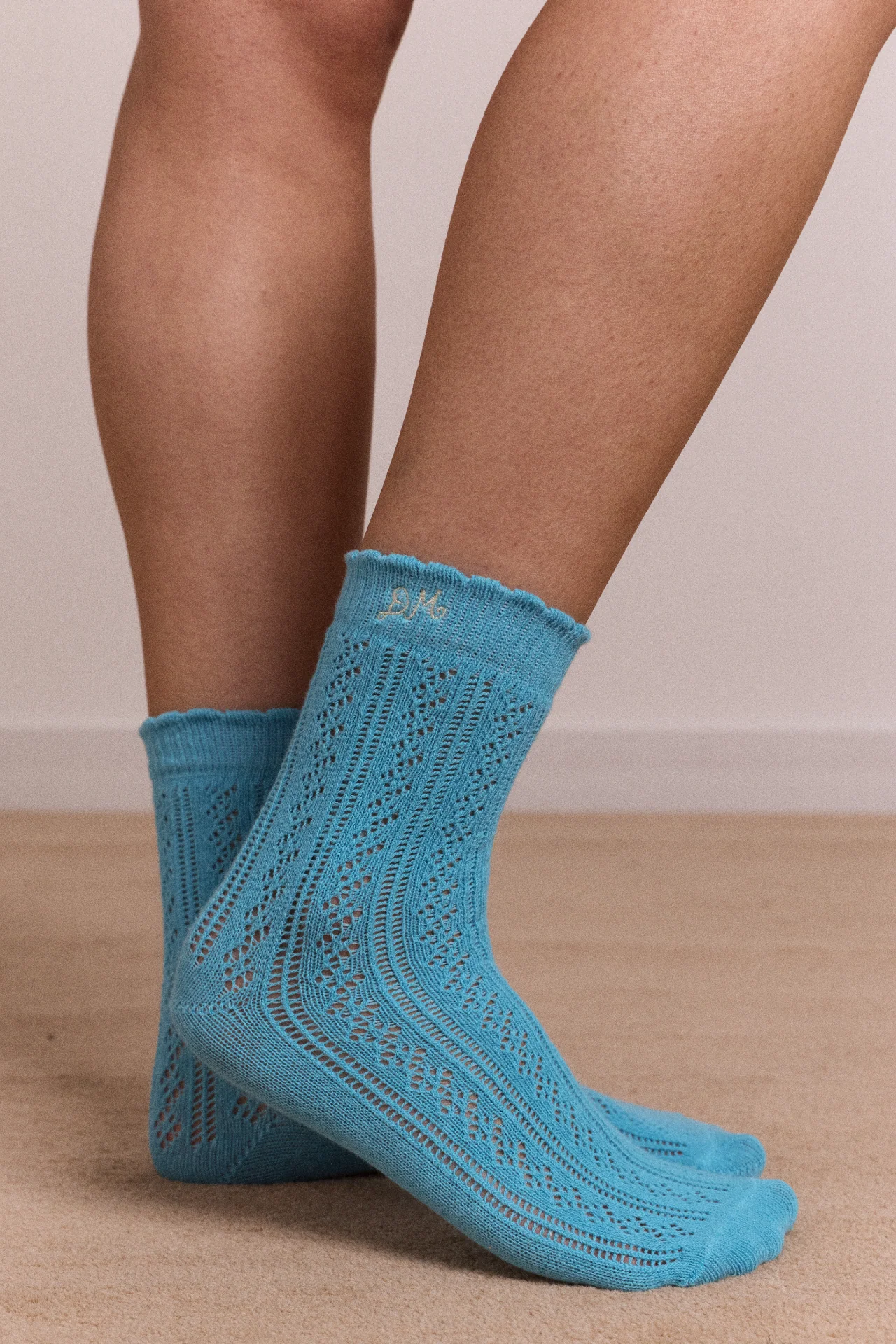 Calf Length 2 Pack Pointelle Socks- Celery & Aqua