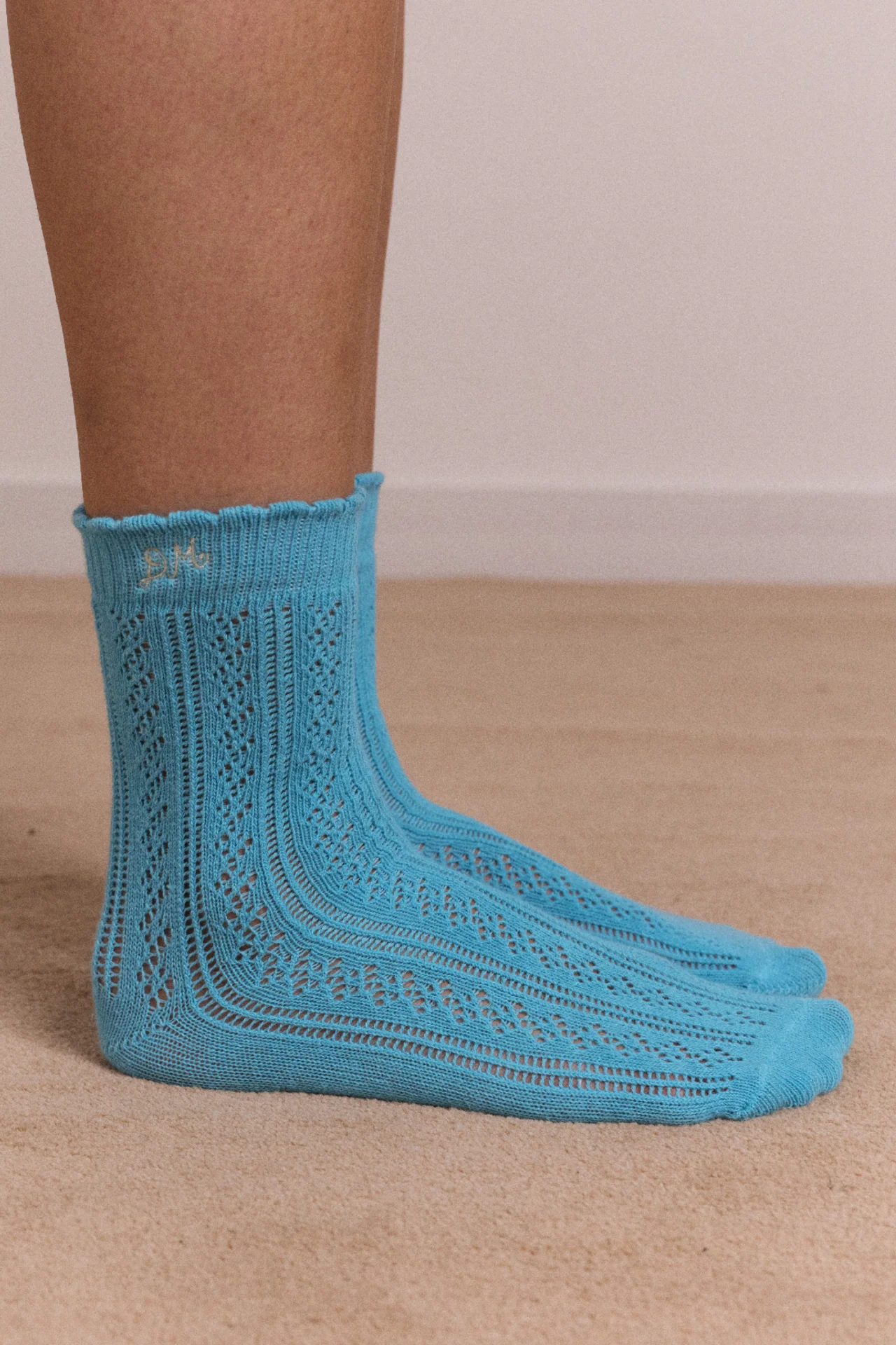 Calf Length 2 Pack Pointelle Socks- Celery & Aqua
