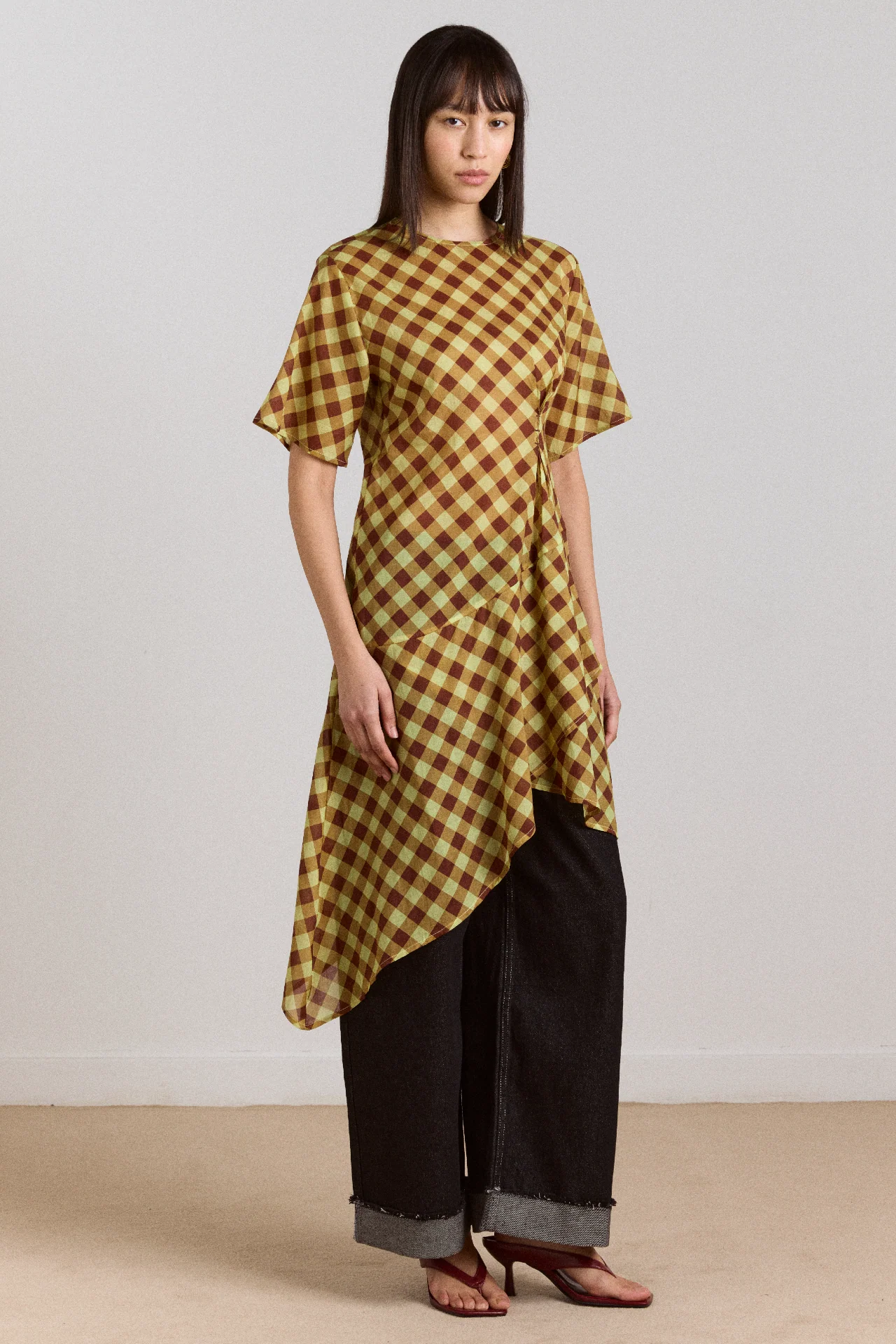 Harmony Sheer Midi Dress - Choc Avo Gingham