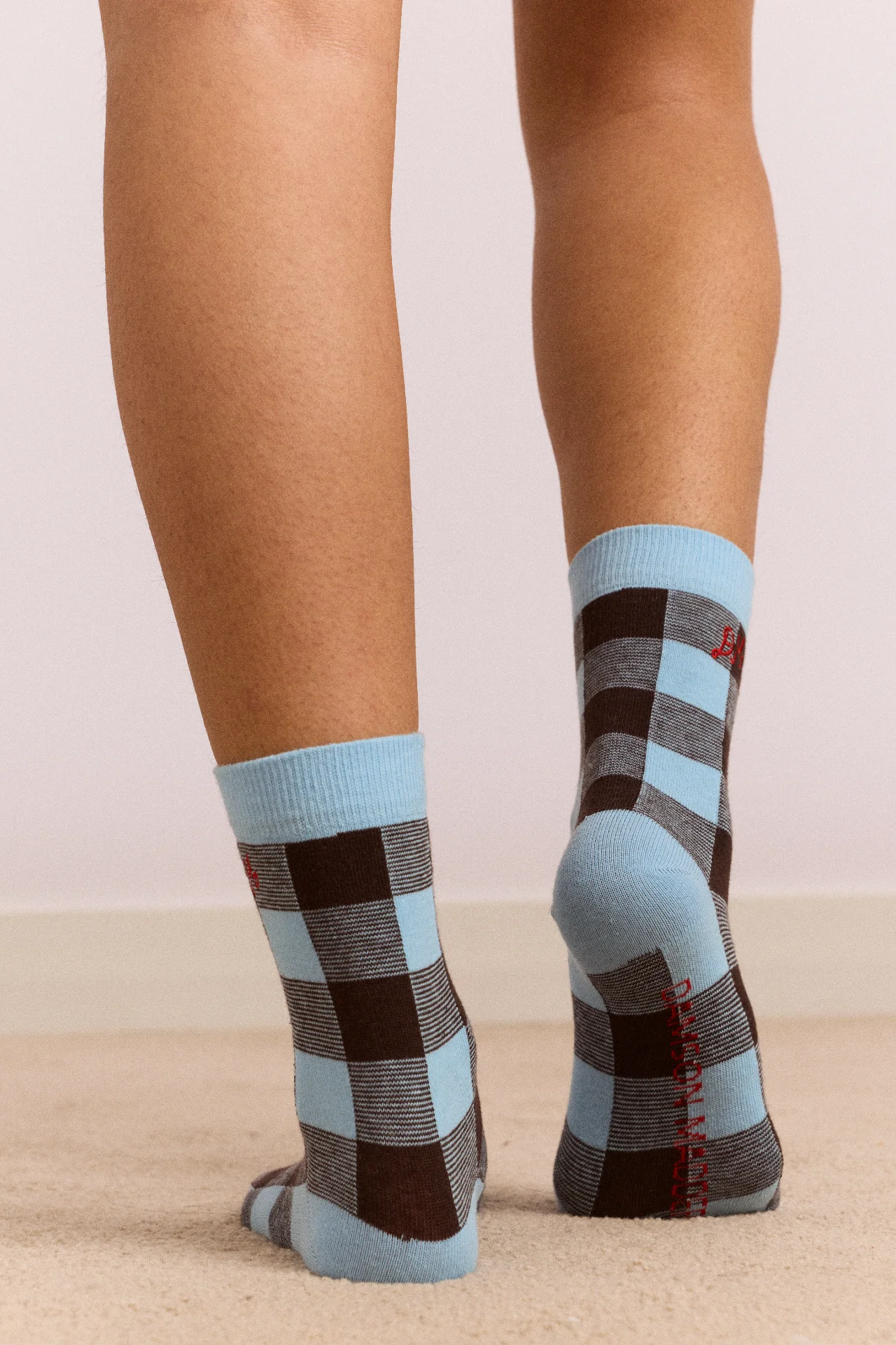 Calf Length Socks - Pale Blue & Choc Gingham