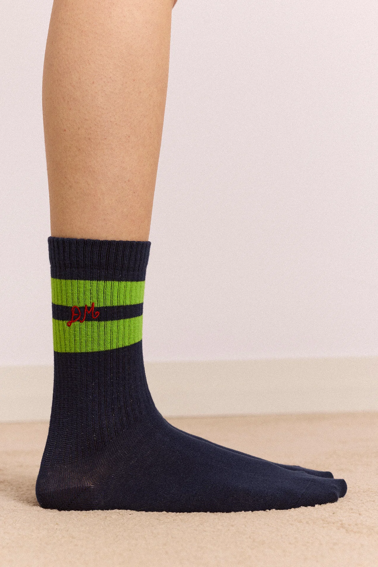 Sporty Calf Socks - Navy/Lime Stripe