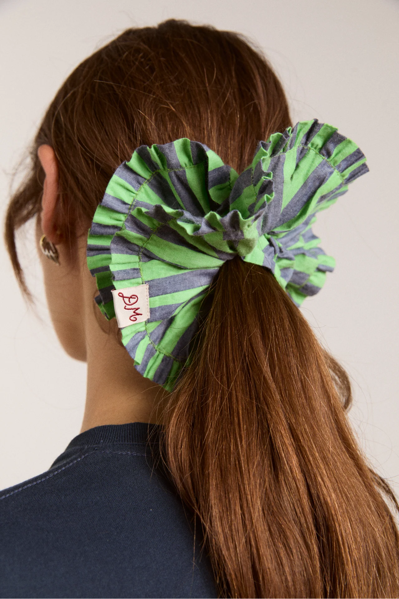 Frill Edge Scrunchie - Navy Pop Green Stripe